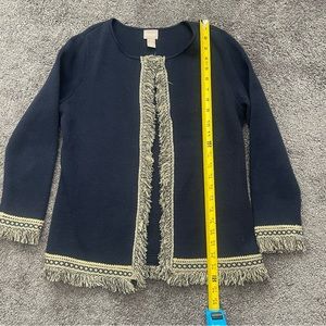 Chicos Women Navy Blue sweater blazer gold Fringe Size 0 / Small